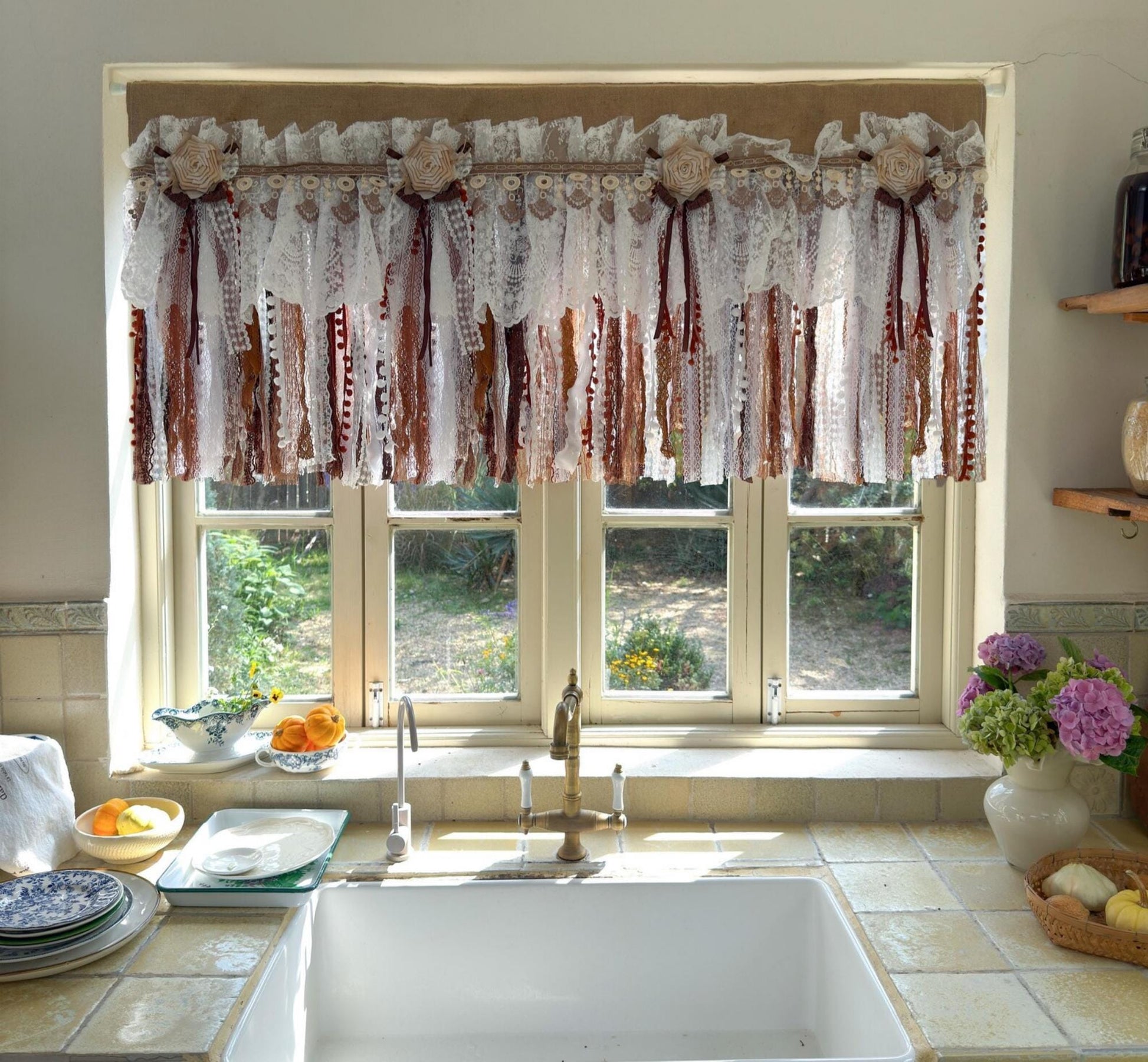 Burlap White Coffee Brown Lace Bedroom Valance - UDreamHome