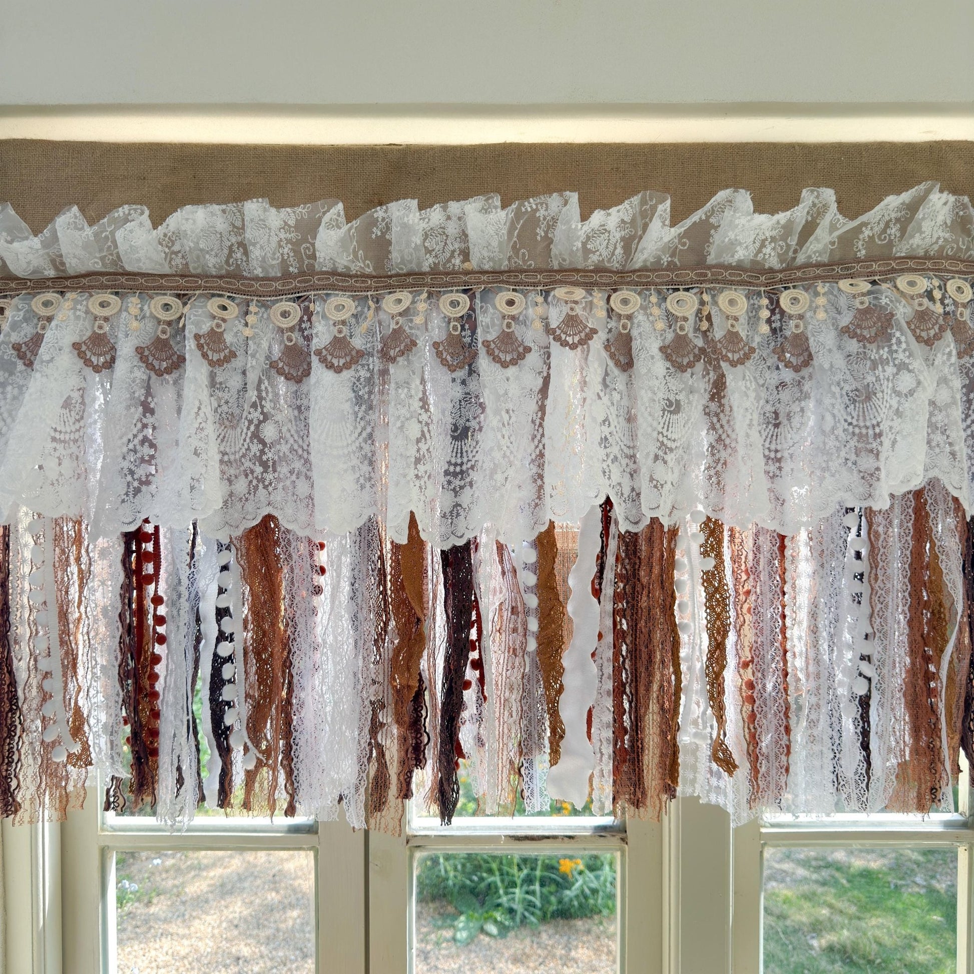 Burlap White Coffee Brown Lace Bedroom Valance - UDreamHome