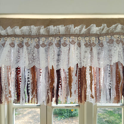 Burlap White Coffee Brown Lace Bedroom Valance - UDreamHome