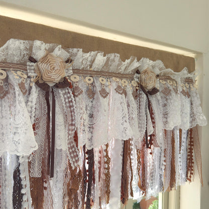 Burlap White Coffee Brown Lace Bedroom Valance - UDreamHome