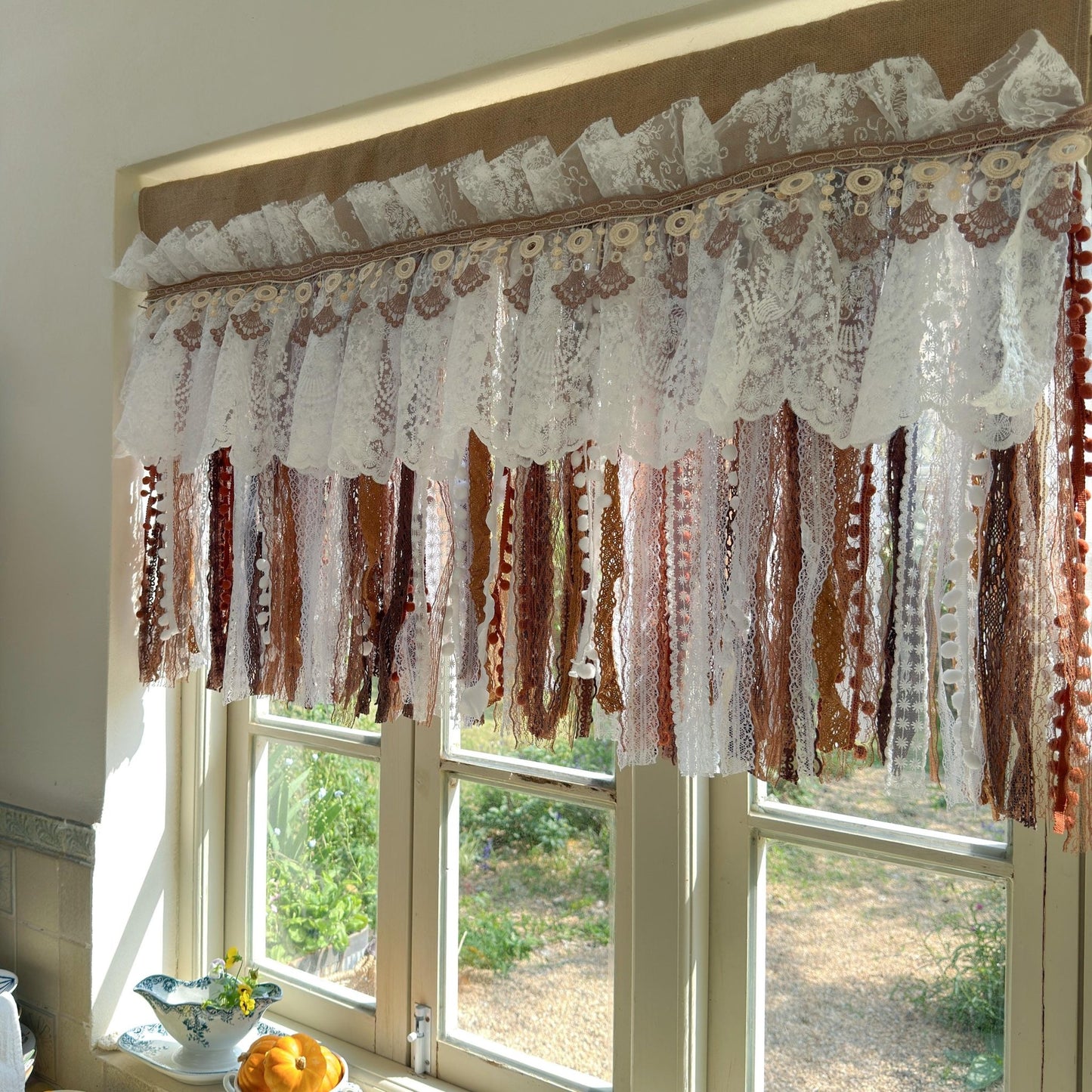Burlap White Coffee Brown Lace Bedroom Valance - UDreamHome