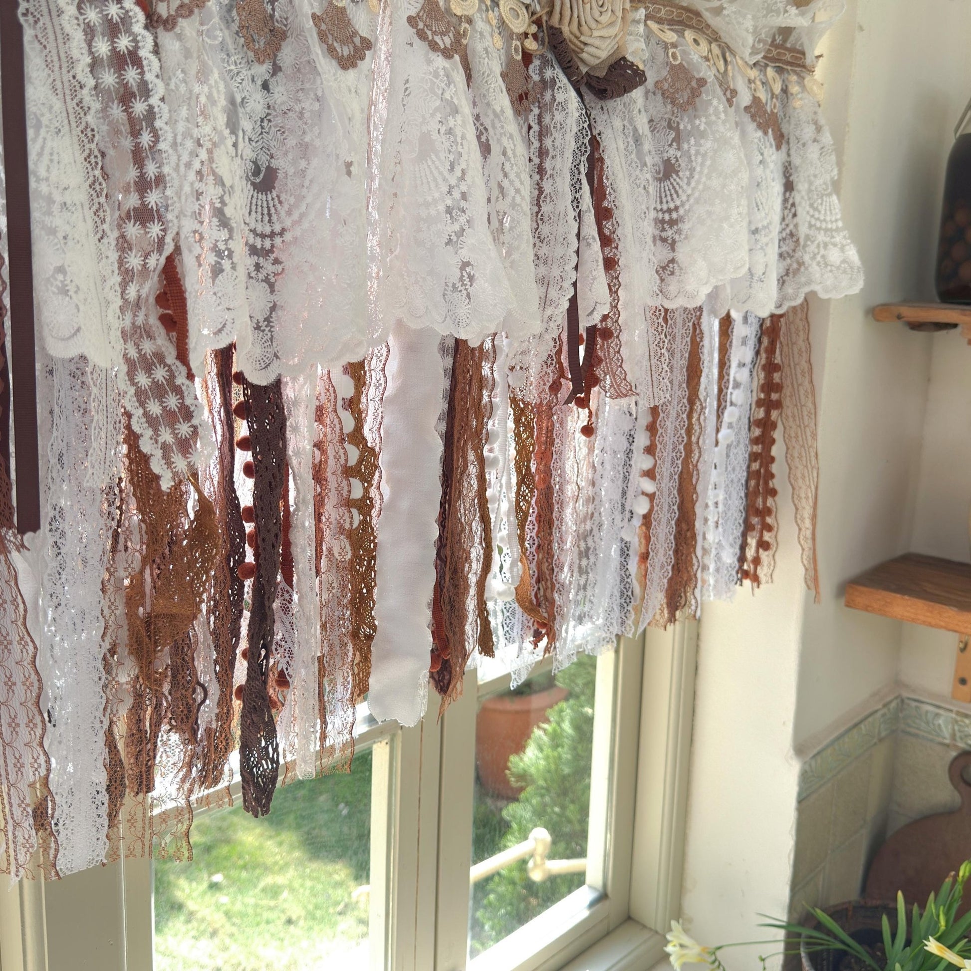 Burlap White Coffee Brown Lace Bedroom Valance - UDreamHome