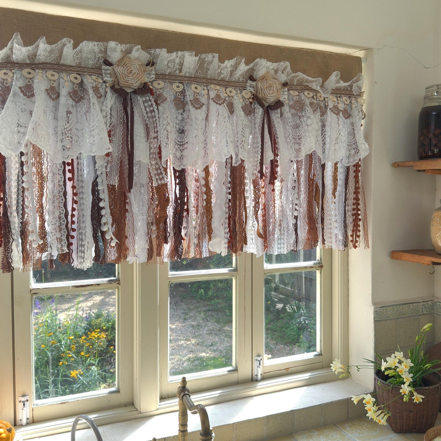 Burlap White Coffee Brown Lace Bedroom Valance - UDreamHome
