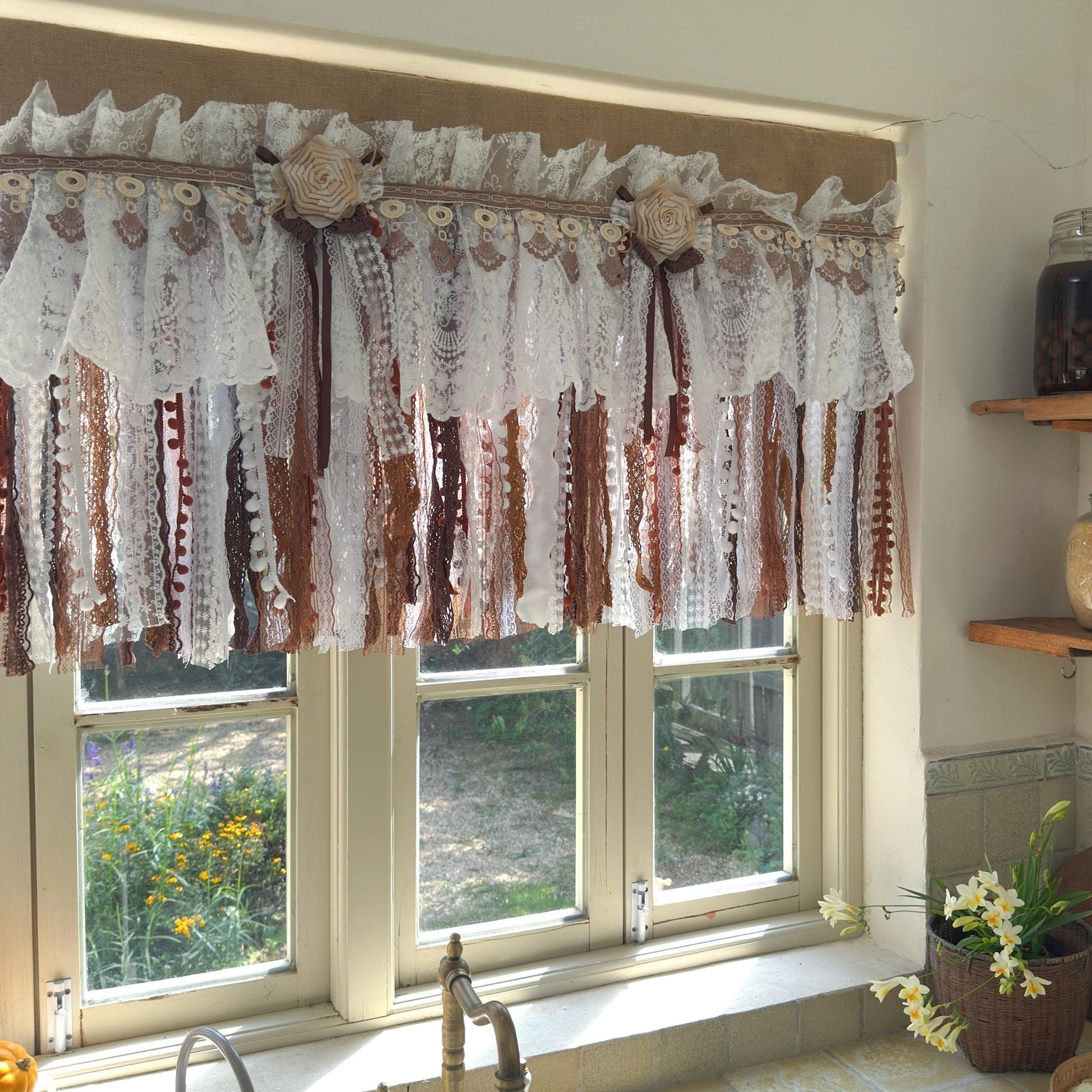 Burlap White Coffee Brown Lace Bedroom Valance - UDreamHome