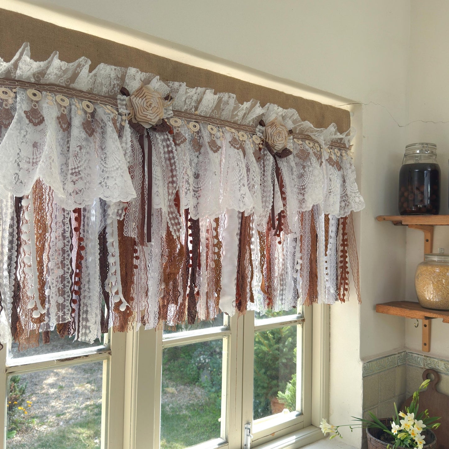 Burlap White Coffee Brown Lace Bedroom Valance - UDreamHome