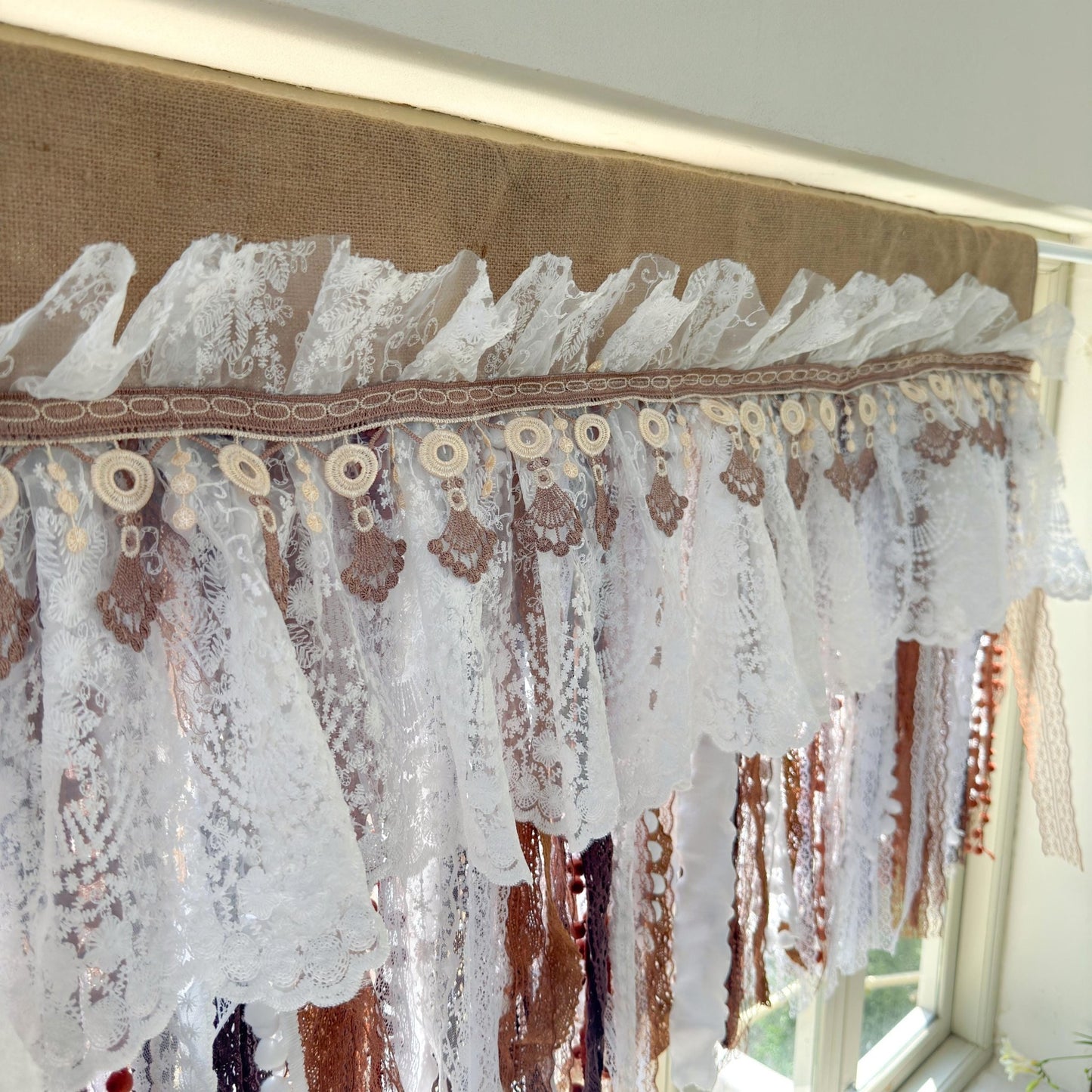 Burlap White Coffee Brown Lace Bedroom Valance - UDreamHome