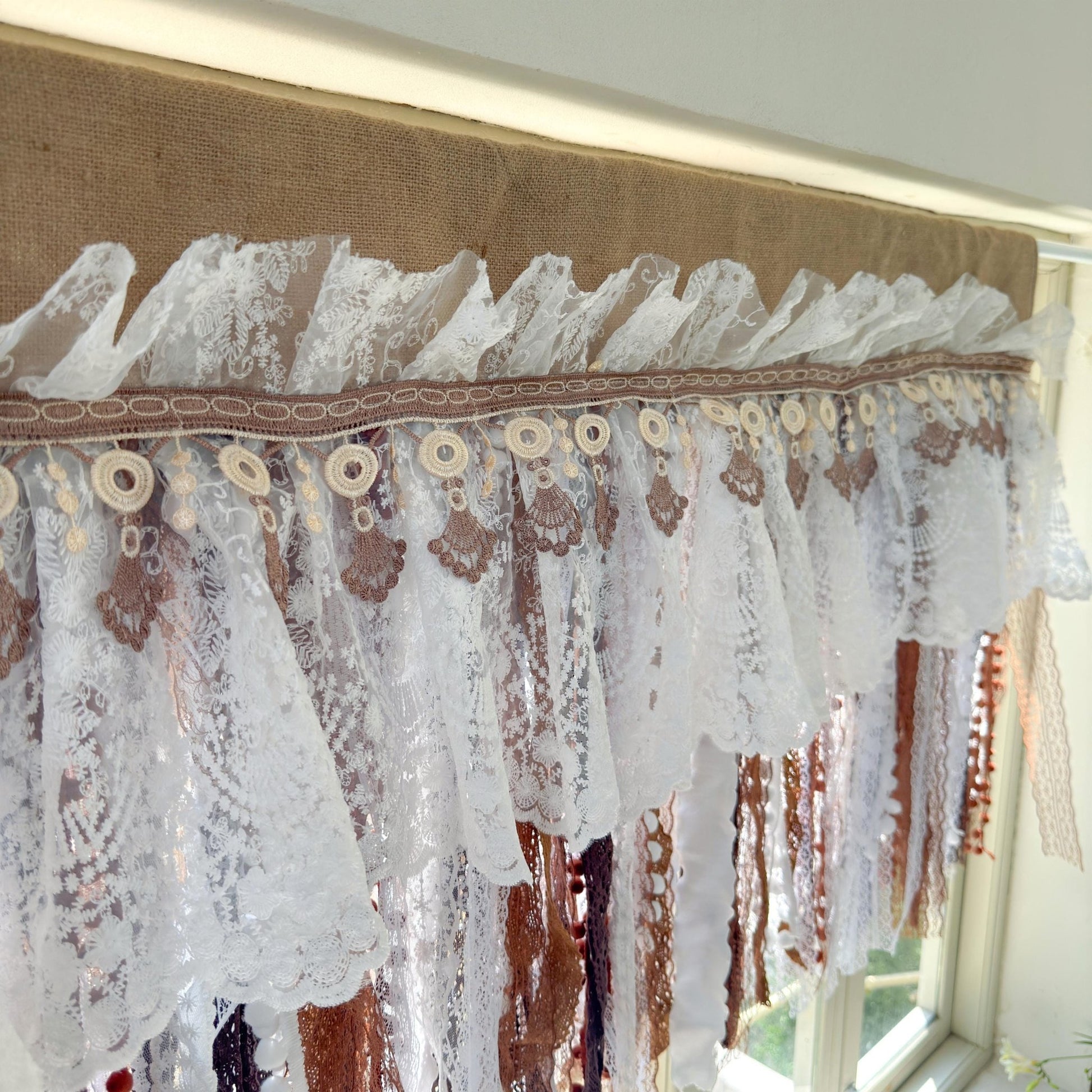 Burlap White Coffee Brown Lace Bedroom Valance - UDreamHome