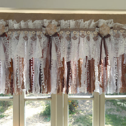 Burlap White Coffee Brown Lace Bedroom Valance - UDreamHome