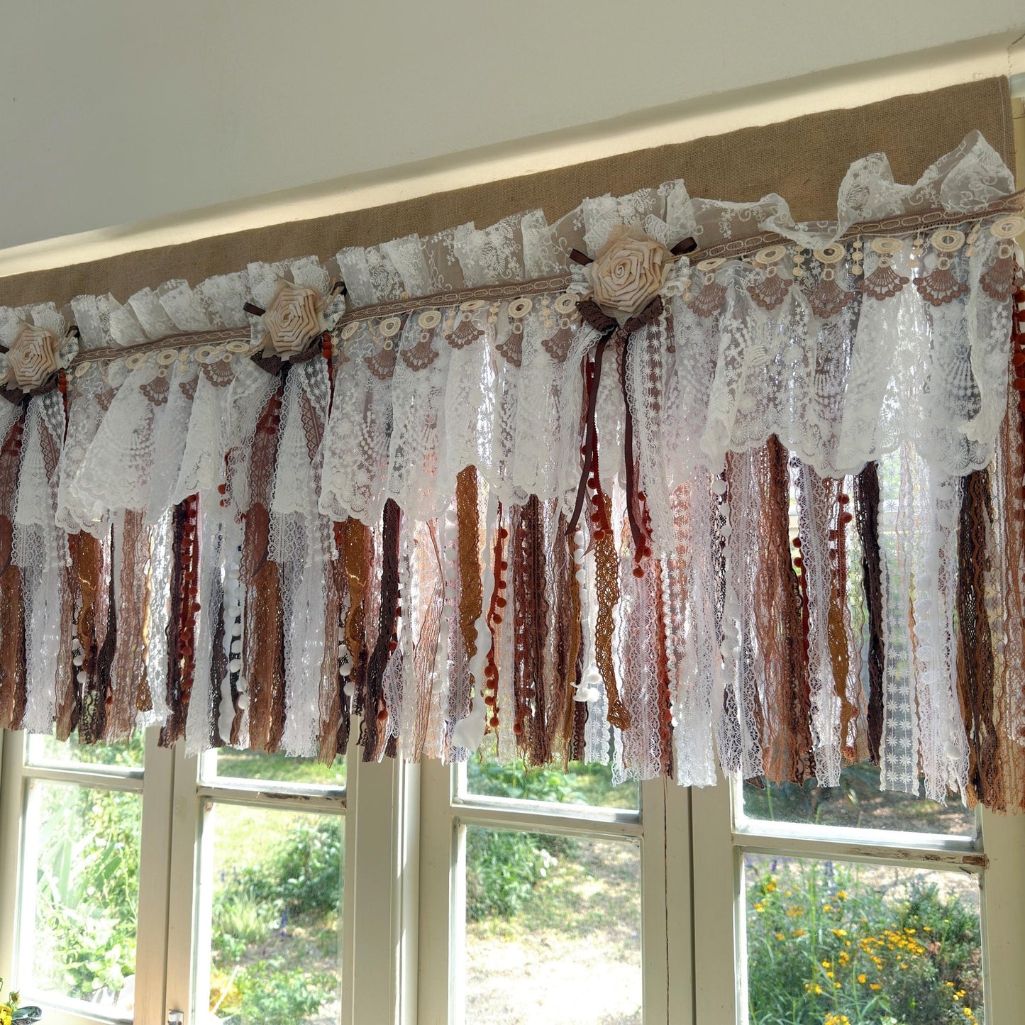 Burlap White Coffee Brown Lace Bedroom Valance - UDreamHome