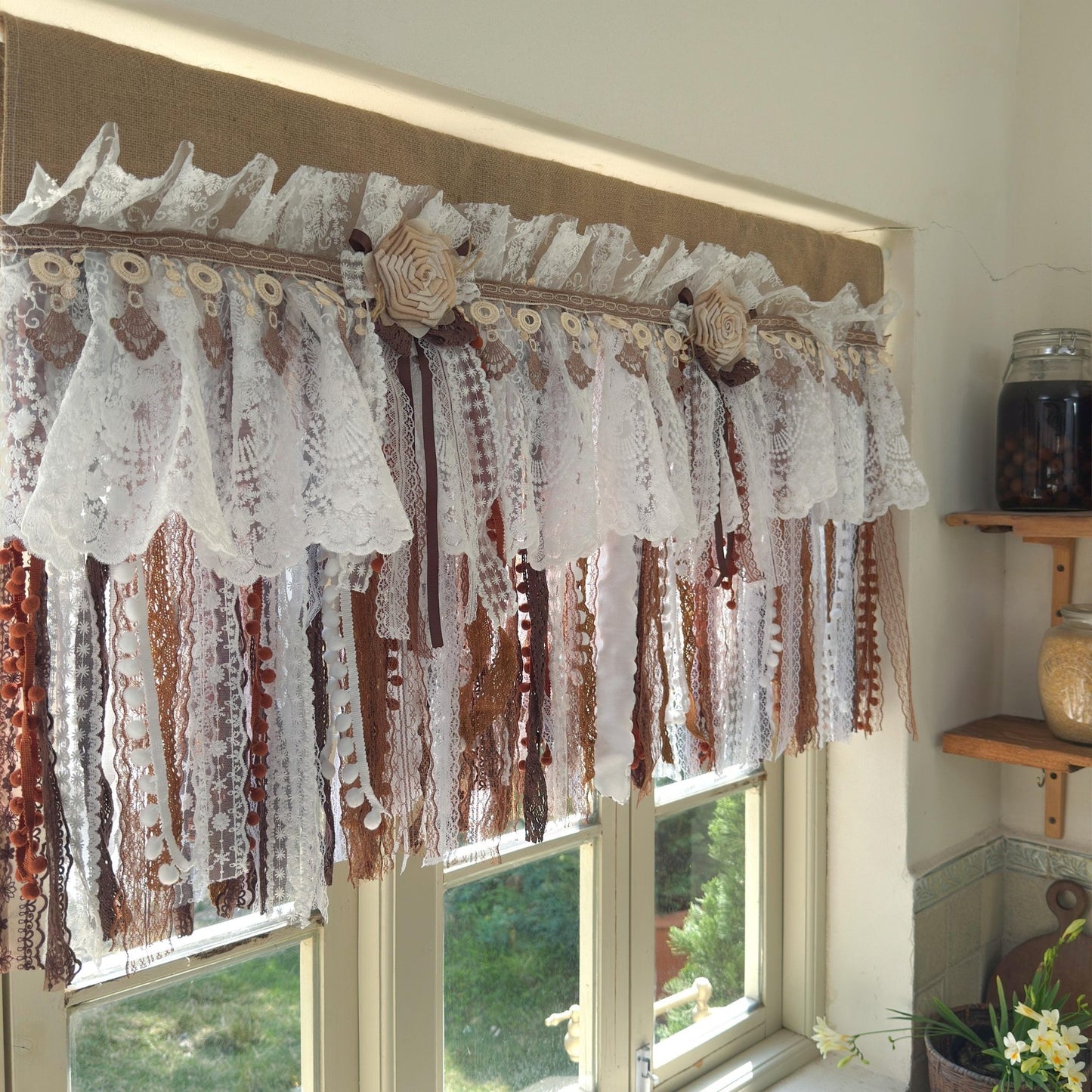 Burlap White Coffee Brown Lace Bedroom Valance - UDreamHome