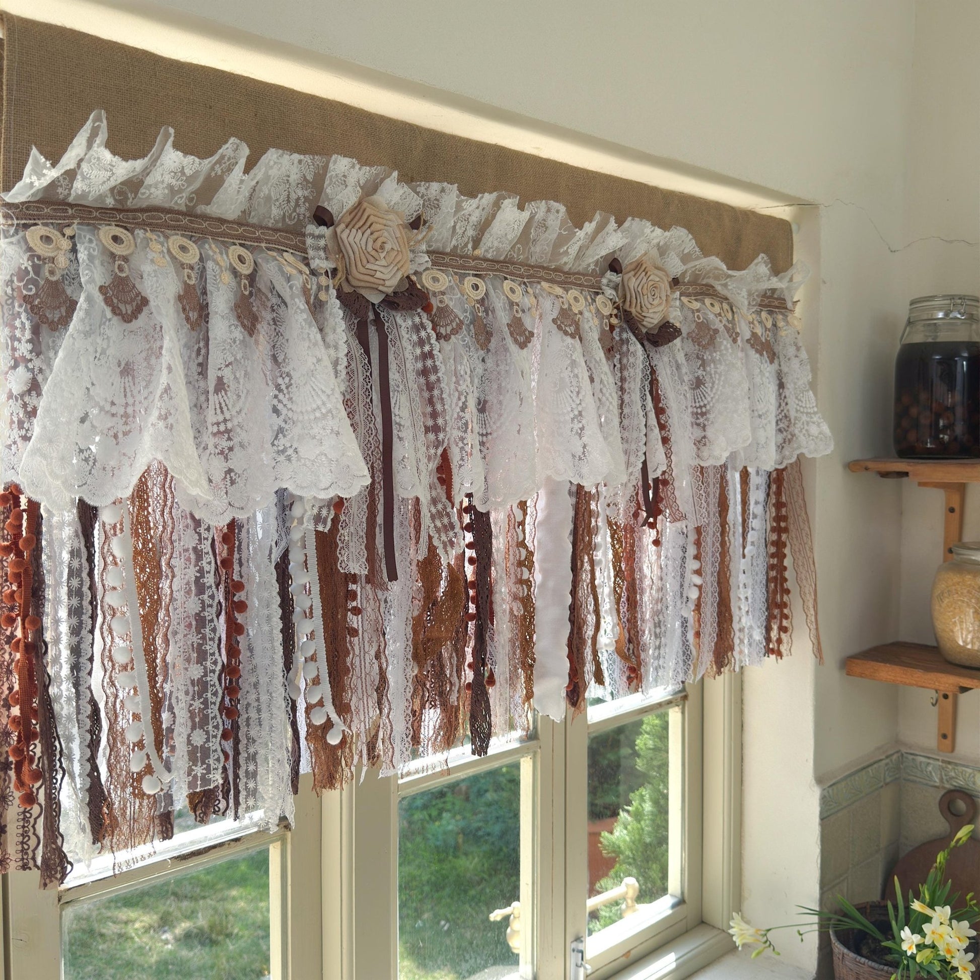Burlap White Coffee Brown Lace Bedroom Valance - UDreamHome
