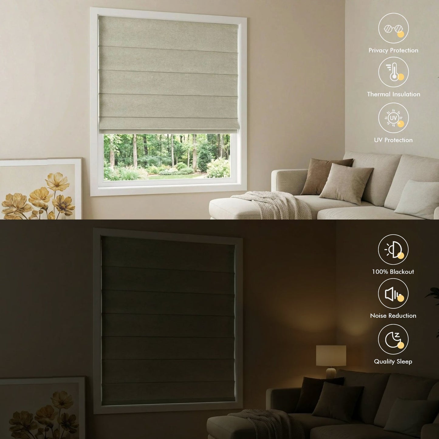Cordless Blackout Roman Shades for Windows – No Drill Push-Pull Installation, 100% Room Darkening