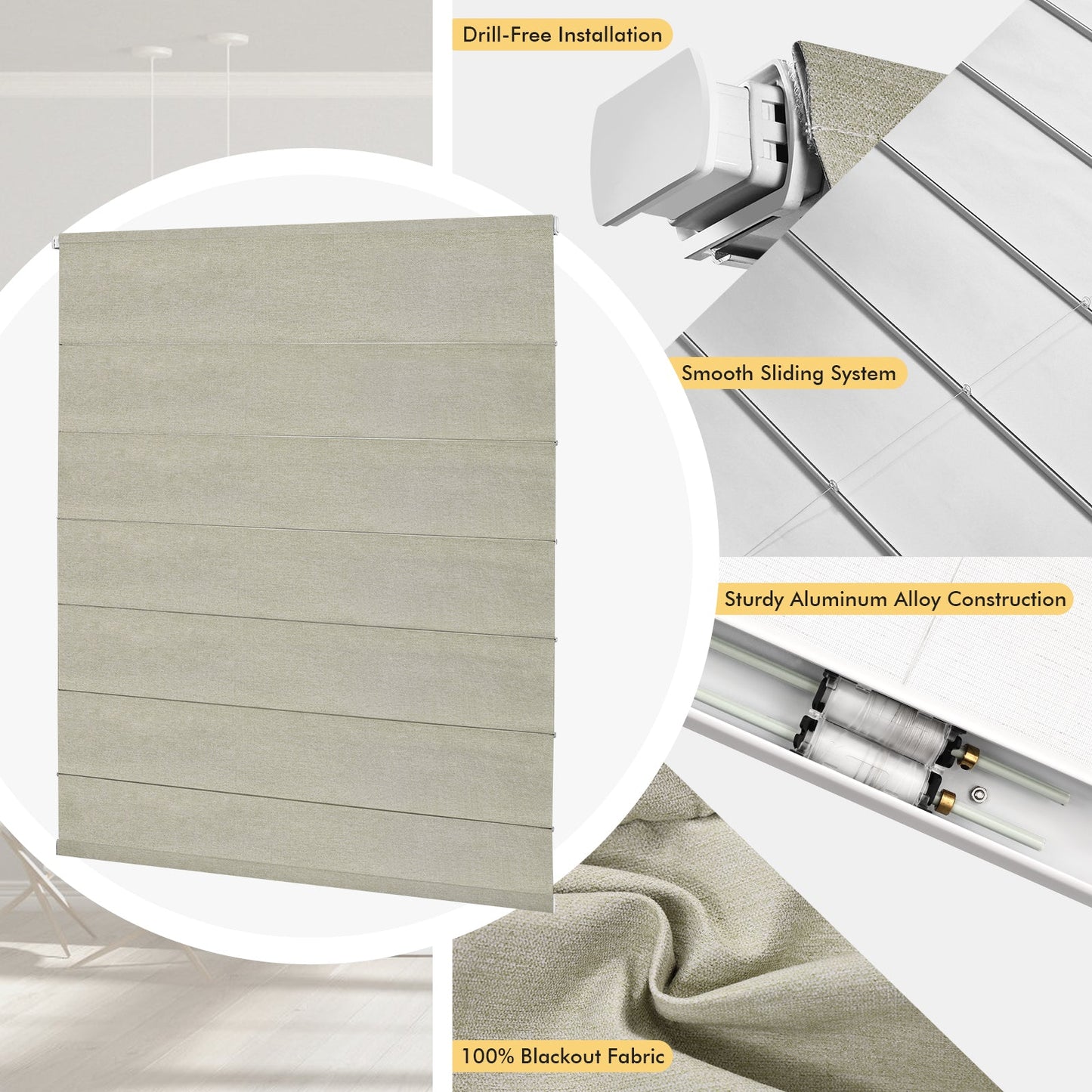 Cordless Blackout Roman Shades for Windows – No Drill Push-Pull Installation, 100% Room Darkening