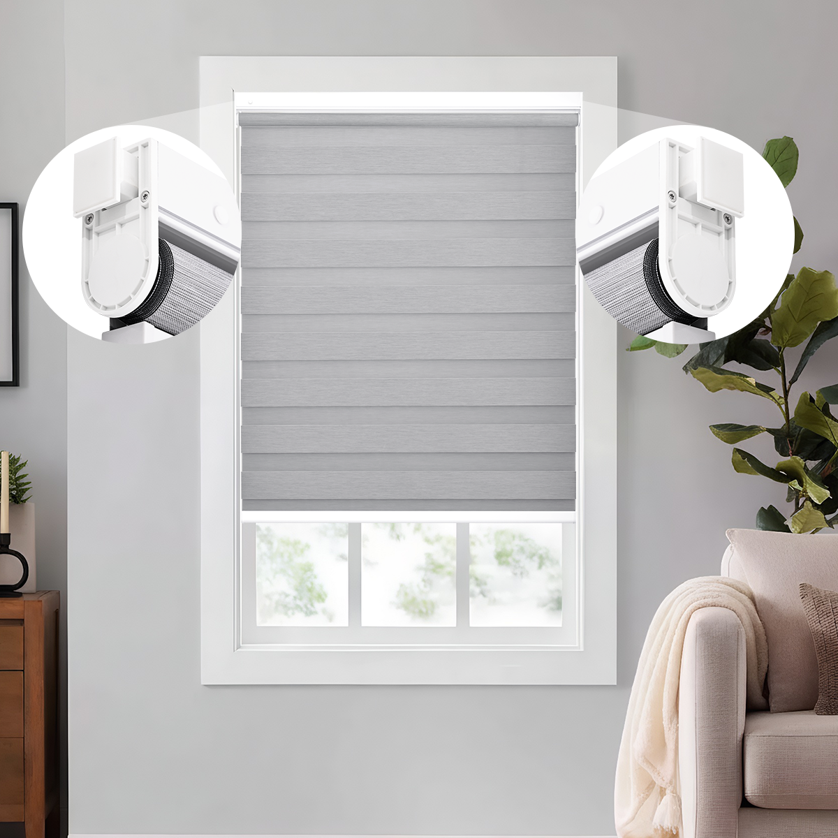 No Drill Zebra Shades, Cordless Custom Window Blinds, Dual Layer Zebra Blinds, 80% Blackout, Dual Spring Tension Installation