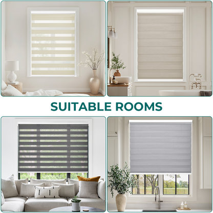 No Drill Zebra Shades, Cordless Custom Window Blinds, Dual Layer Zebra Blinds, 80% Blackout, Dual Spring Tension Installation