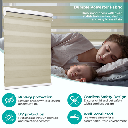 No Drill Zebra Shades, Cordless Custom Window Blinds, Dual Layer Zebra Blinds, 80% Blackout, Dual Spring Tension Installation
