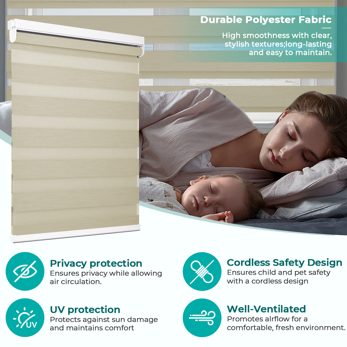 No Drill Zebra Shades, Cordless Custom Window Blinds, Dual Layer Zebra Blinds, 80% Blackout, Dual Spring Tension Installation