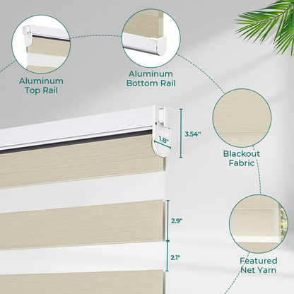 No Drill Zebra Shades, Cordless Custom Window Blinds, Dual Layer Zebra Blinds, 80% Blackout, Dual Spring Tension Installation