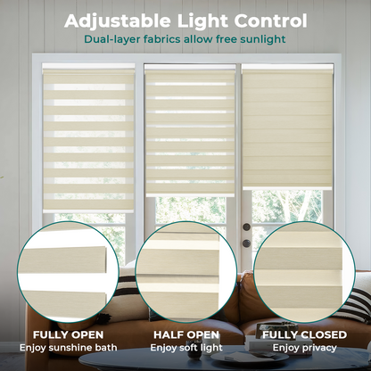 No Drill Zebra Shades, Cordless Custom Window Blinds, Dual Layer Zebra Blinds, 80% Blackout, Dual Spring Tension Installation