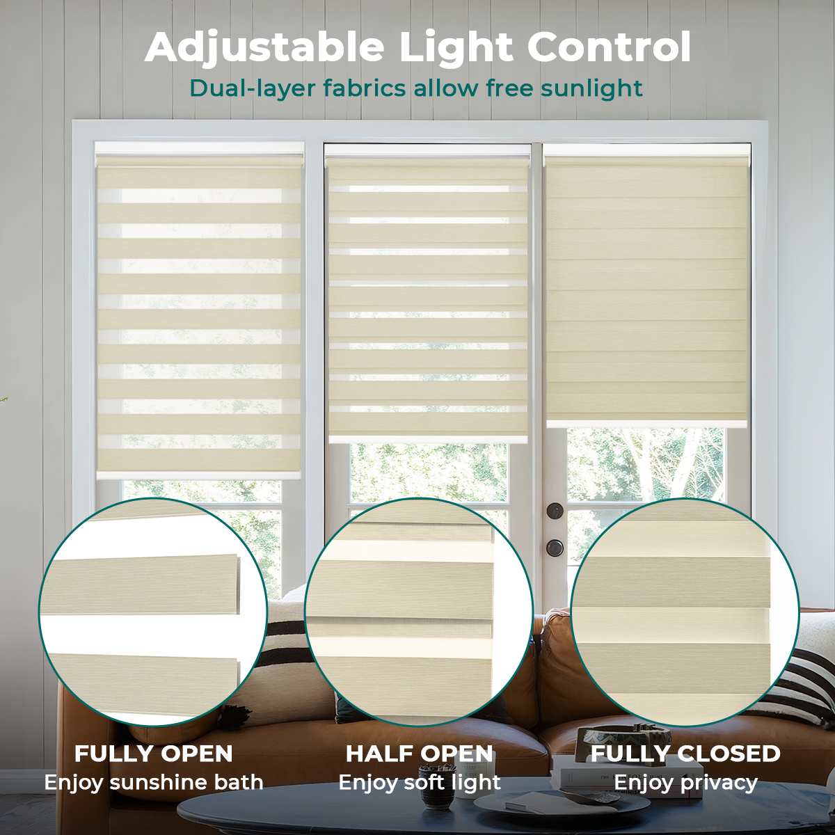 No Drill Zebra Shades, Cordless Custom Window Blinds, Dual Layer Zebra Blinds, 80% Blackout, Dual Spring Tension Installation