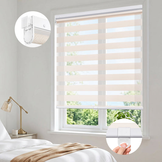 Custom No Drill Cordless Zebra Blinds for Windows – Light Filtering Day and Night Shades, Textured Waffle Fabric, Made to Measure