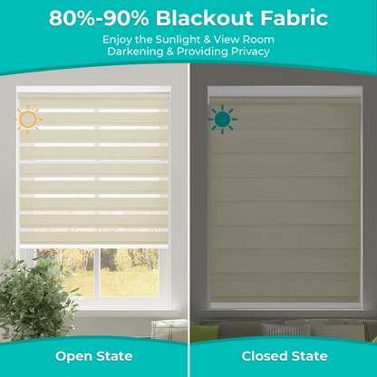 No Drill Zebra Shades, Cordless Custom Window Blinds, Dual Layer Zebra Blinds, 80% Blackout, Dual Spring Tension Installation