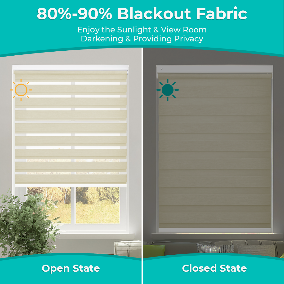 No Drill Zebra Shades, Cordless Custom Window Blinds, Dual Layer Zebra Blinds, 80% Blackout, Dual Spring Tension Installation
