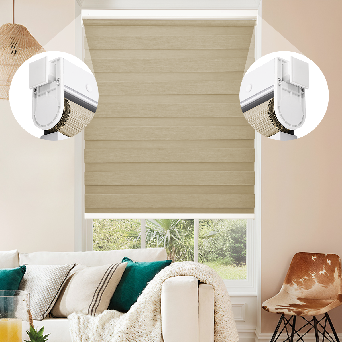 No Drill Zebra Shades, Cordless Custom Window Blinds, Dual Layer Zebra Blinds, 80% Blackout, Dual Spring Tension Installation