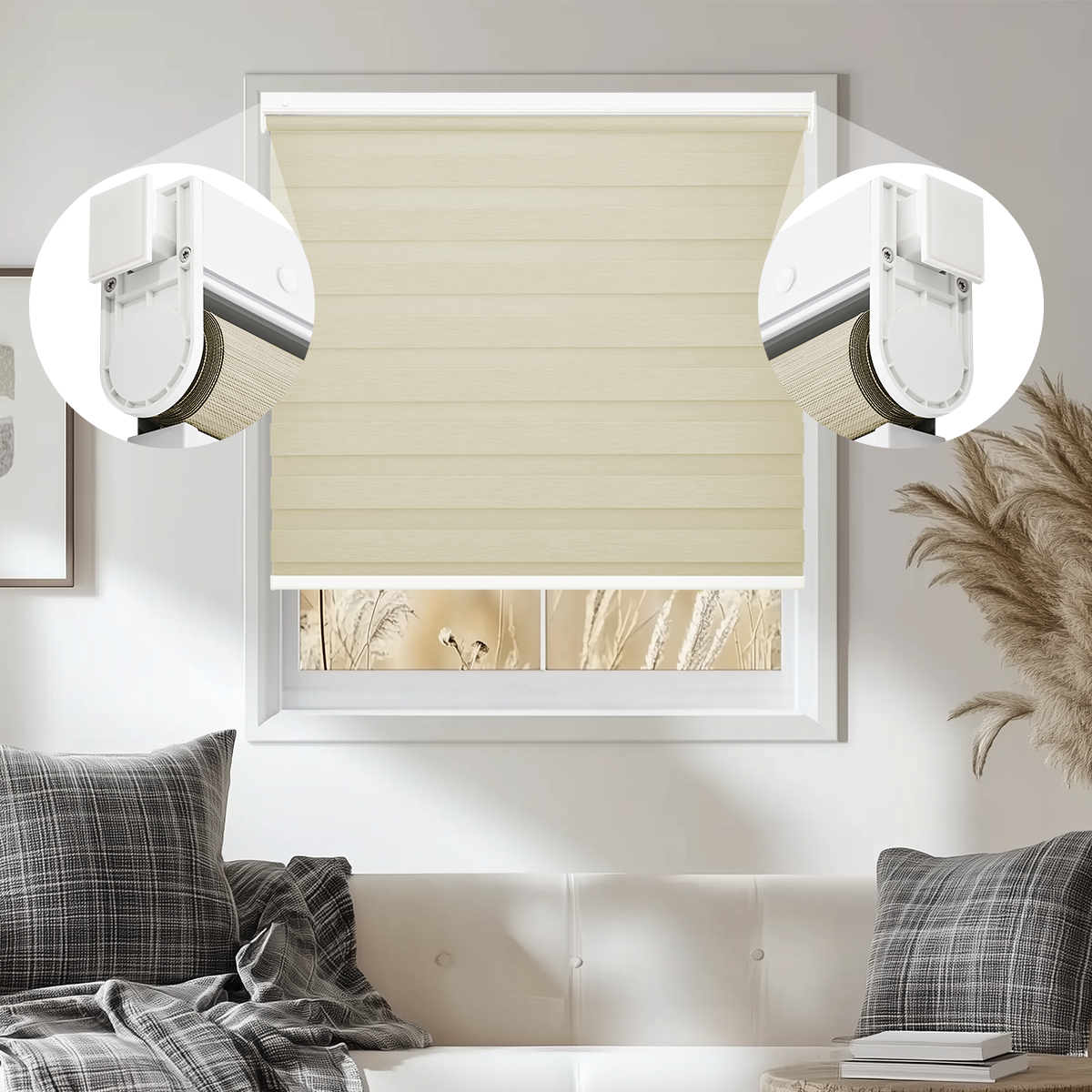 No Drill Zebra Shades, Cordless Custom Window Blinds, Dual Layer Zebra Blinds, 80% Blackout, Dual Spring Tension Installation