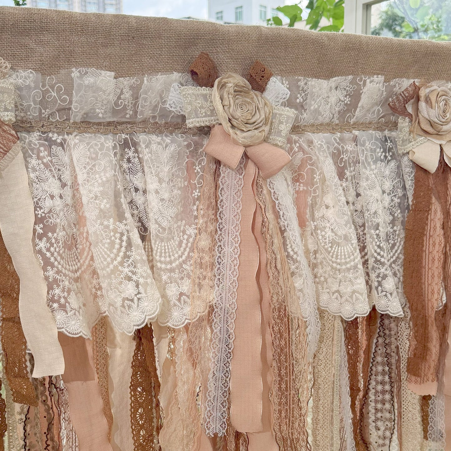 Custom Burlap Brown Lace Valance - UDreamHome