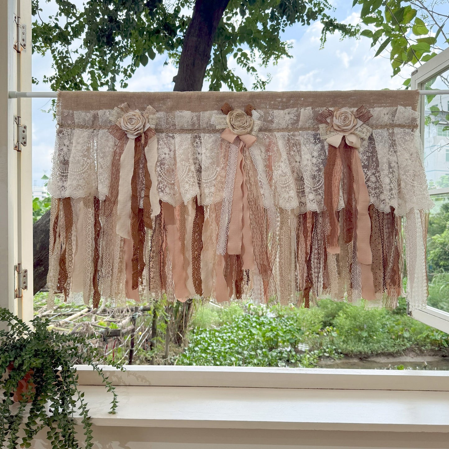 Custom Burlap Brown Lace Valance - UDreamHome