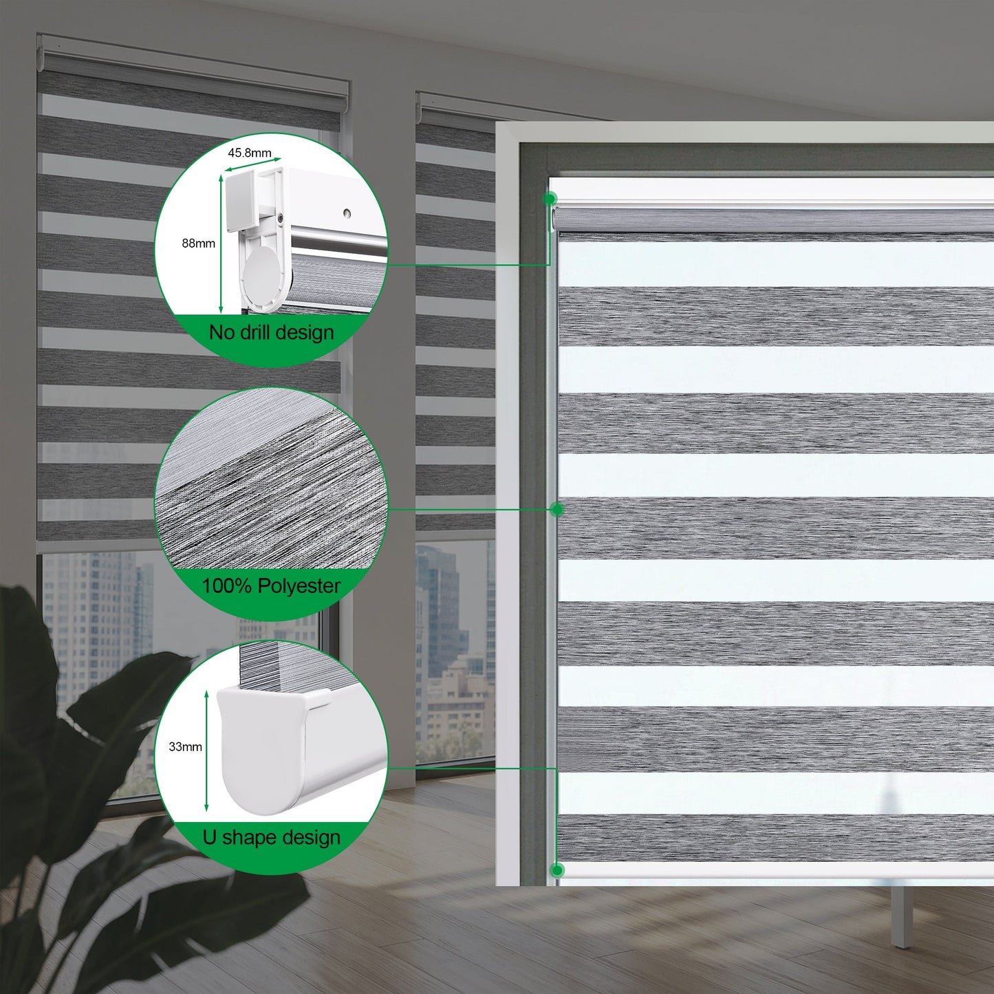Custom No Drill Cordless Zebra Shades – Room Darkening Window Blinds