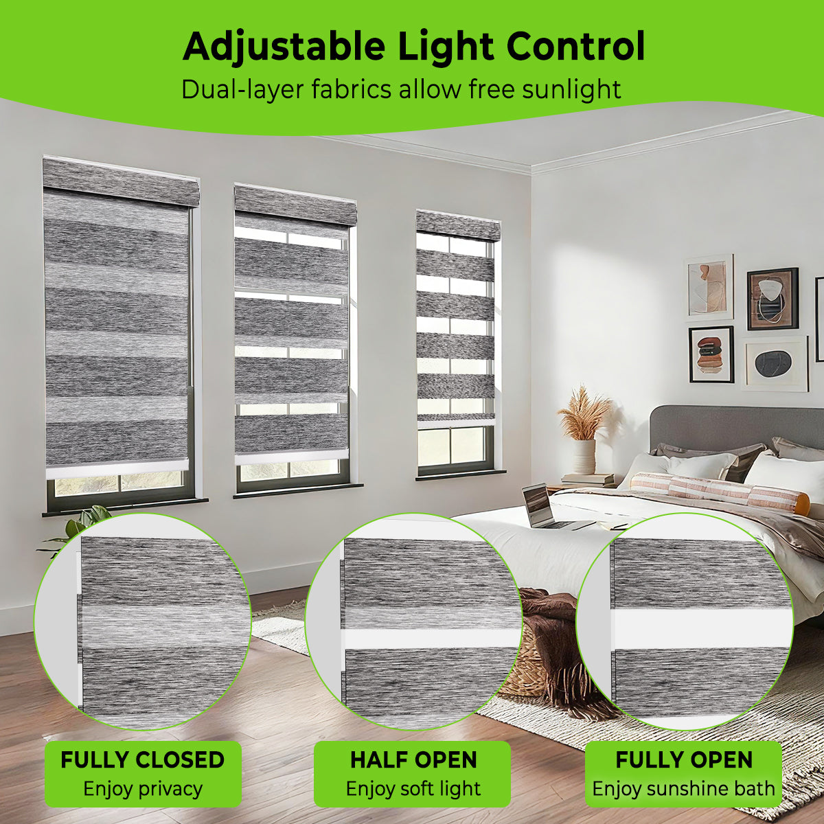 Custom Motorized Zebra Blinds for Windows – Remote Control or Smart Alexa Google Home Compatible, Room Darkening Dual Layer Shades