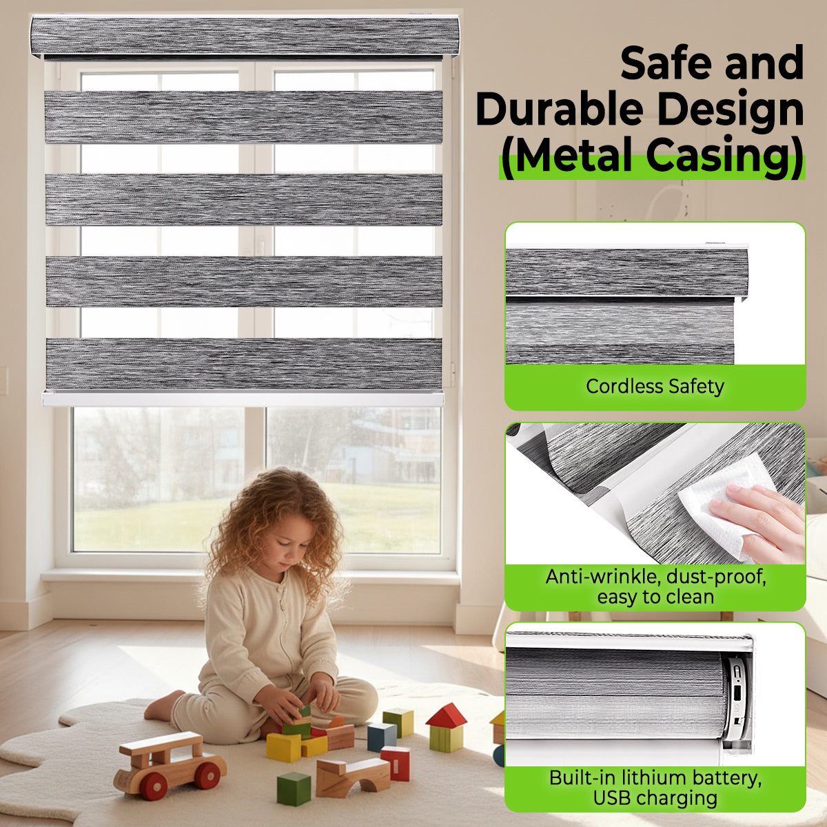 Custom Motorized Zebra Blinds for Windows – Remote Control or Smart Alexa Google Home Compatible, Room Darkening Dual Layer Shades