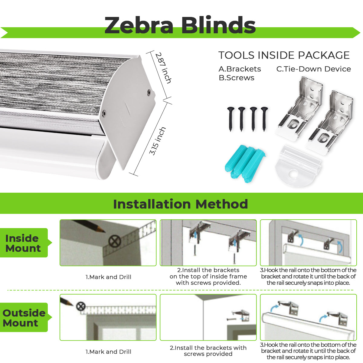 Custom Motorized Zebra Blinds for Windows – Remote Control or Smart Alexa Google Home Compatible, Room Darkening Dual Layer Shades