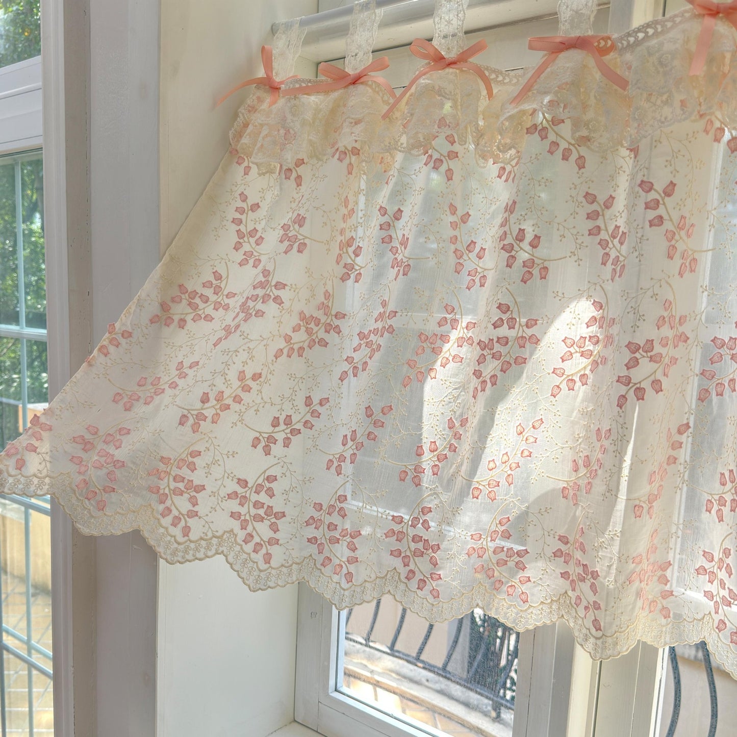 Custom Pink Embroidered Flowers Cafe Curtains - UDreamHome