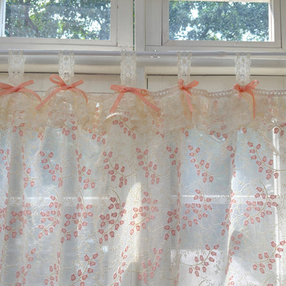 Custom Pink Embroidered Flowers Cafe Curtains - UDreamHome