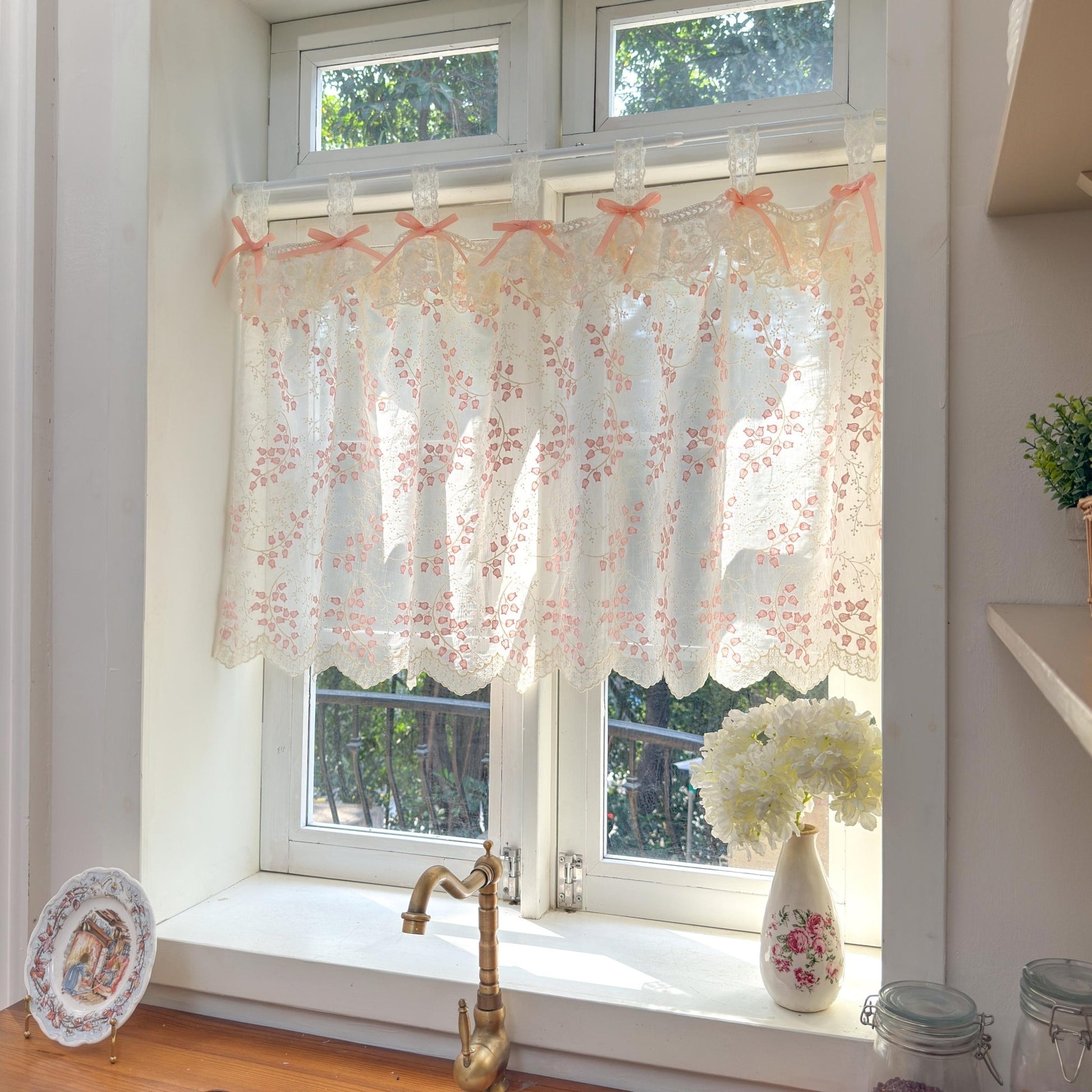 Custom Pink Embroidered Flowers Cafe Curtains - UDreamHome