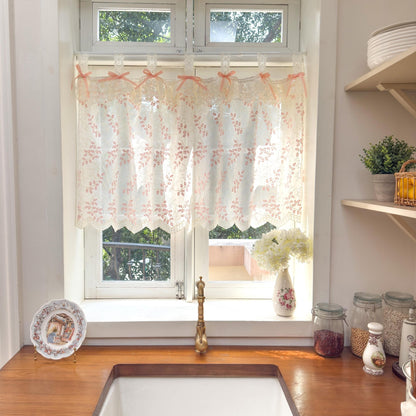 Custom Pink Embroidered Flowers Cafe Curtains - UDreamHome