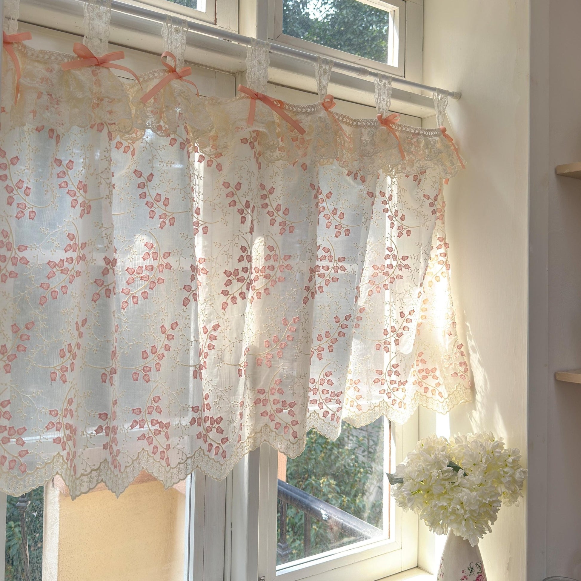 Custom Pink Embroidered Flowers Cafe Curtains - UDreamHome