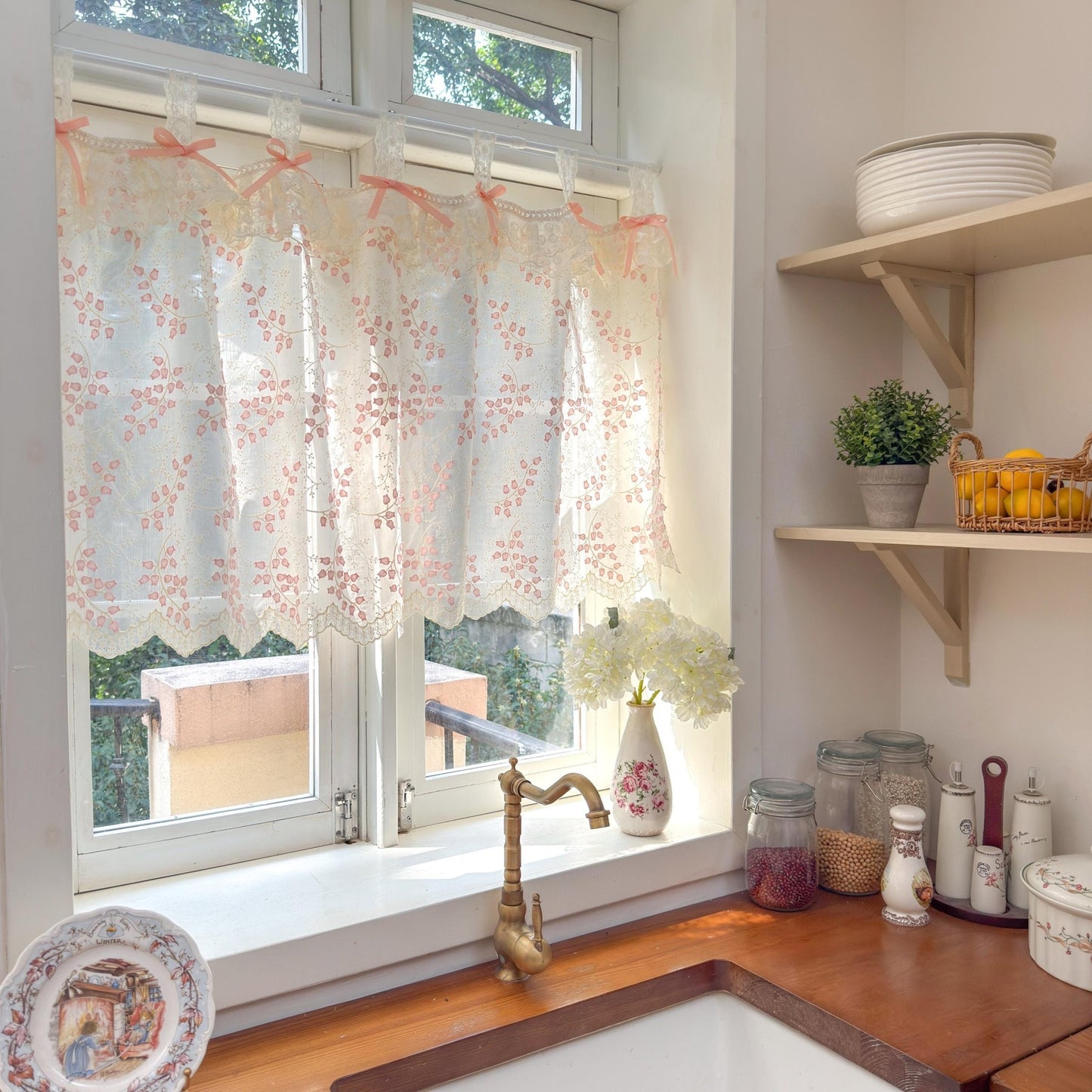 Custom Pink Embroidered Flowers Cafe Curtains - UDreamHome