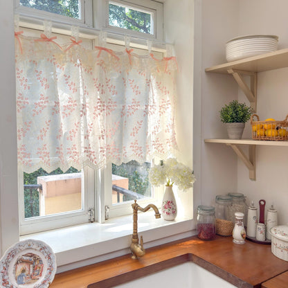 Custom Pink Embroidered Flowers Cafe Curtains - UDreamHome