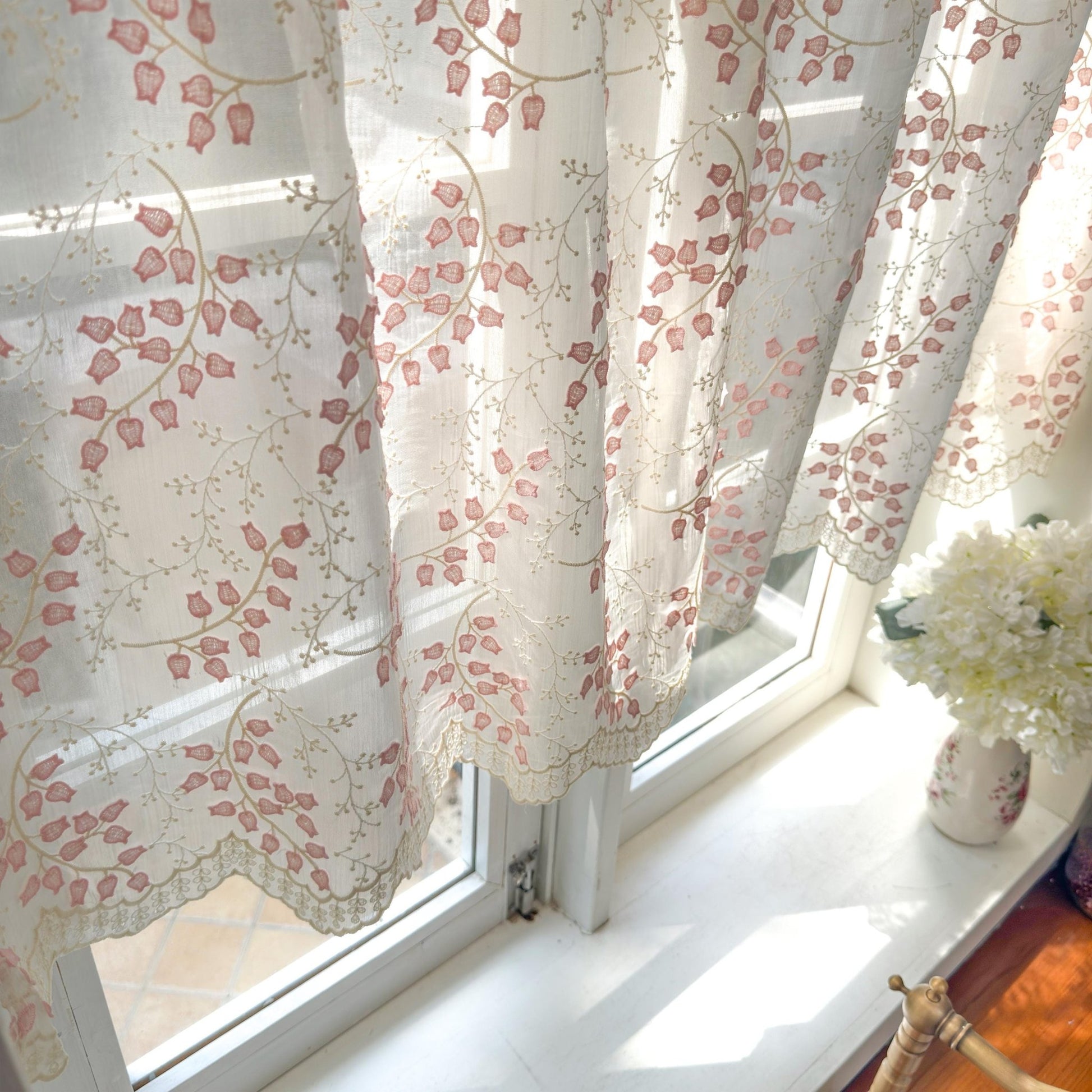 Custom Pink Embroidered Flowers Cafe Curtains - UDreamHome