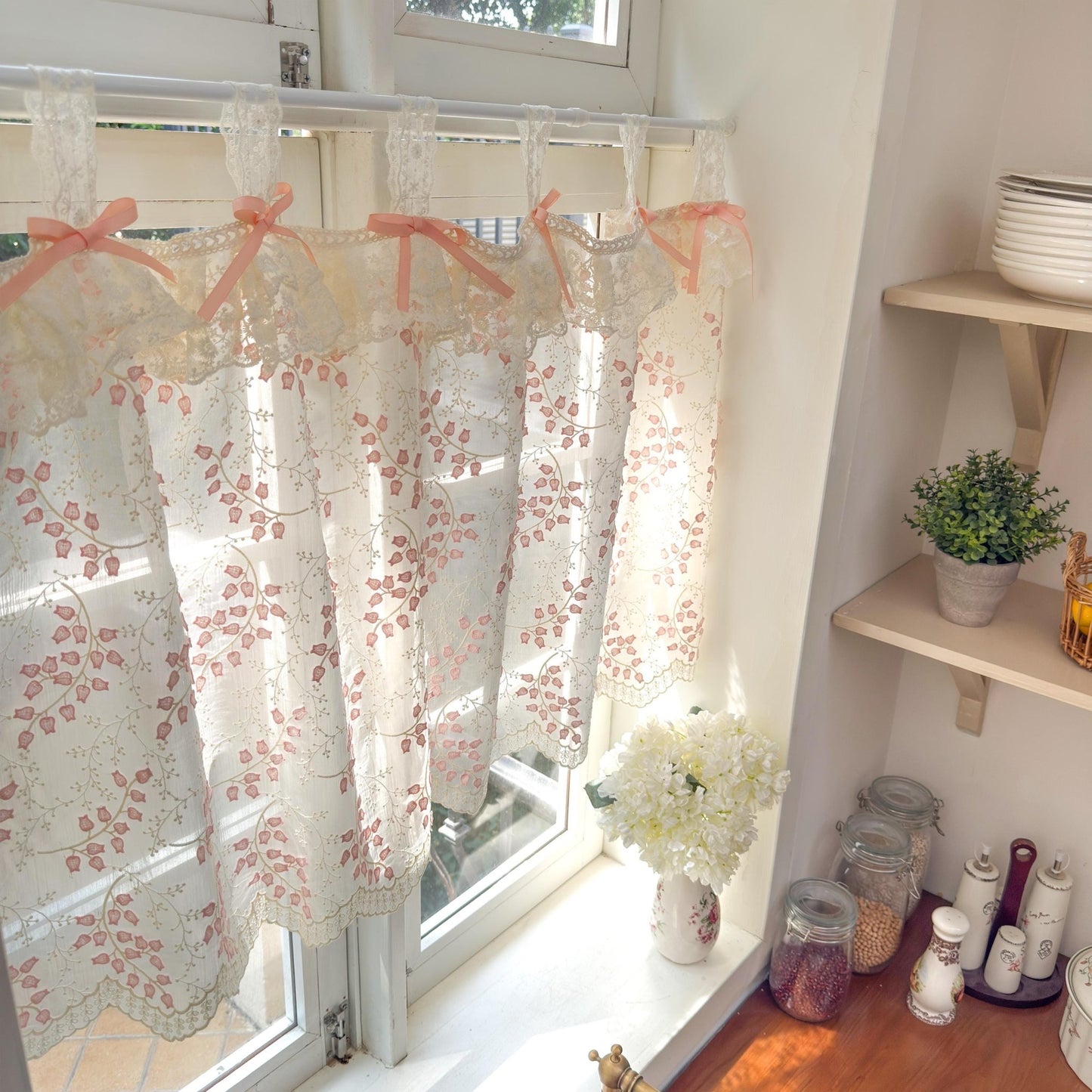 Custom Pink Embroidered Flowers Cafe Curtains - UDreamHome