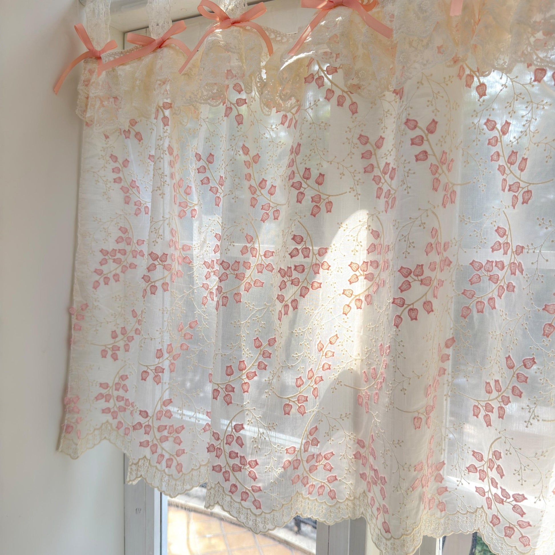 Custom Pink Embroidered Flowers Cafe Curtains - UDreamHome