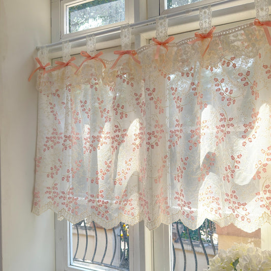 Custom Pink Embroidered Flowers Cafe Curtains - UDreamHome