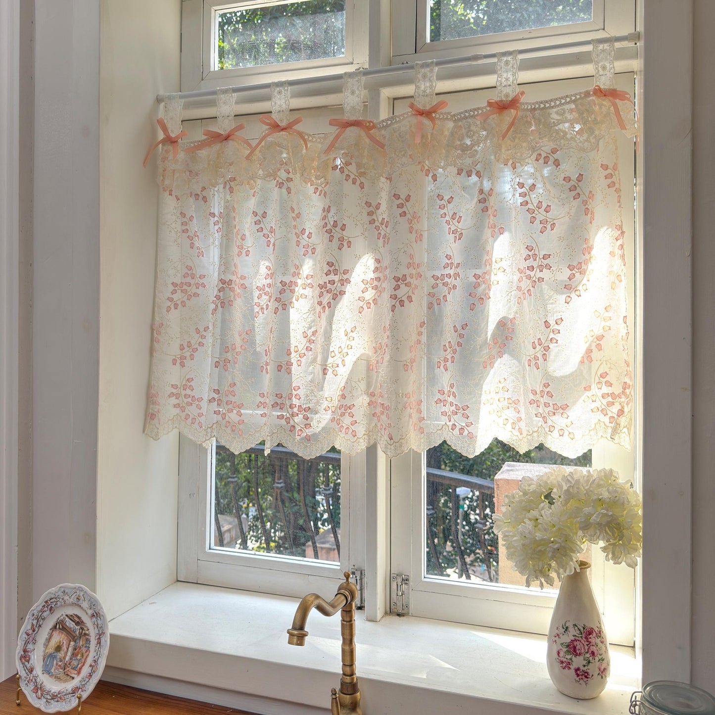 Custom Pink Embroidered Flowers Cafe Curtains - UDreamHome