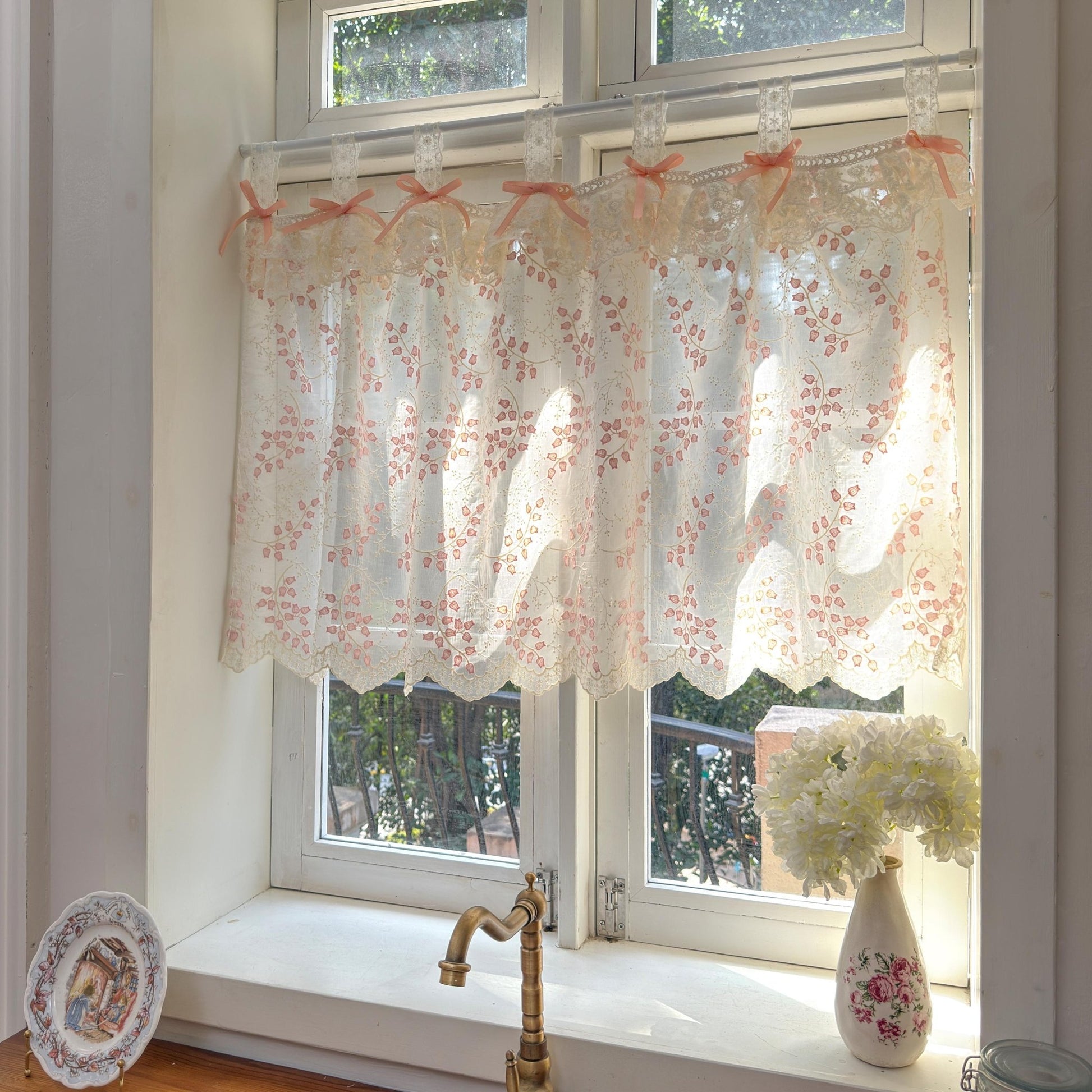 Custom Pink Embroidered Flowers Cafe Curtains - UDreamHome