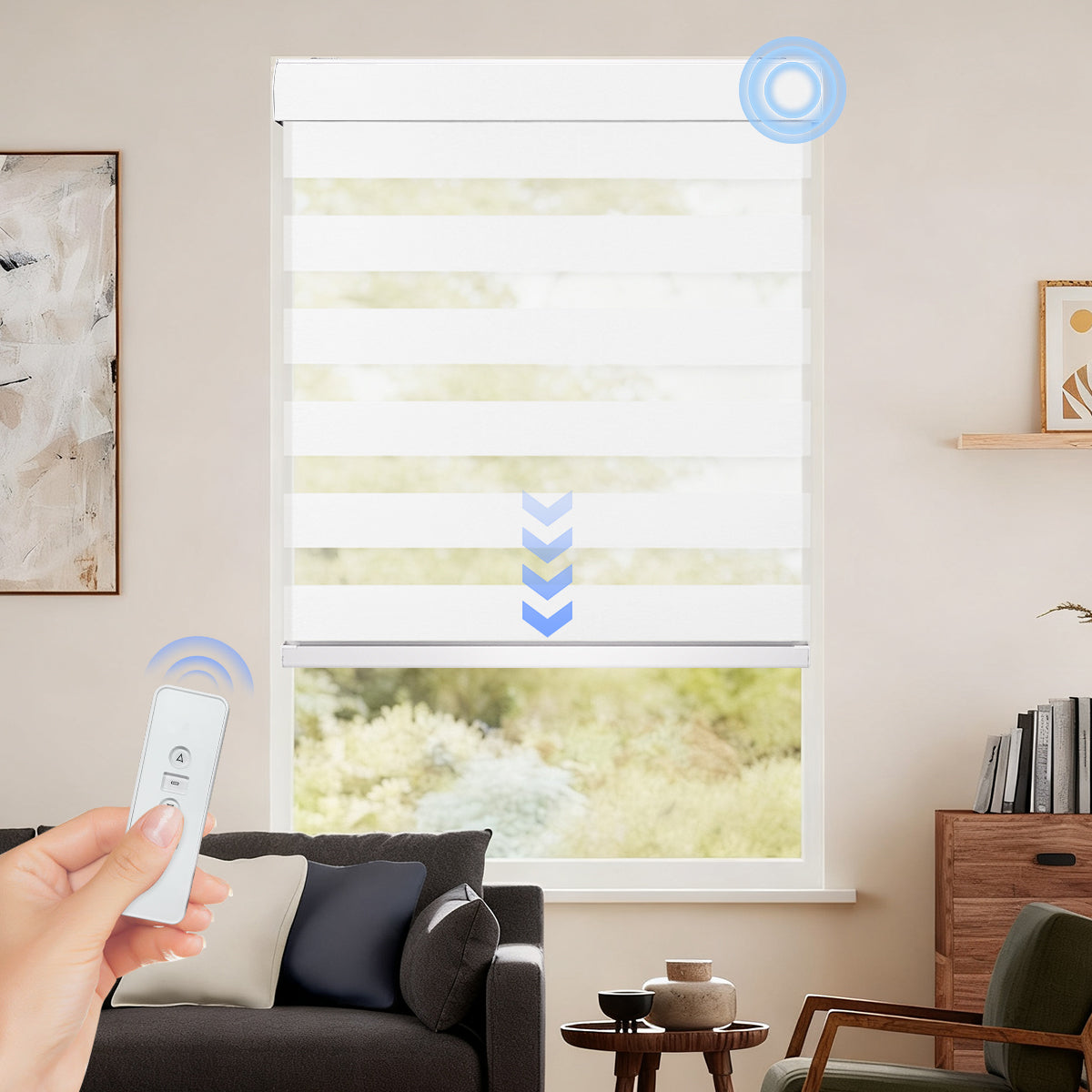 Custom Motorized Zebra Blinds for Windows – Remote Control or Smart Alexa Google Home Compatible, Room Darkening Dual Layer Shades