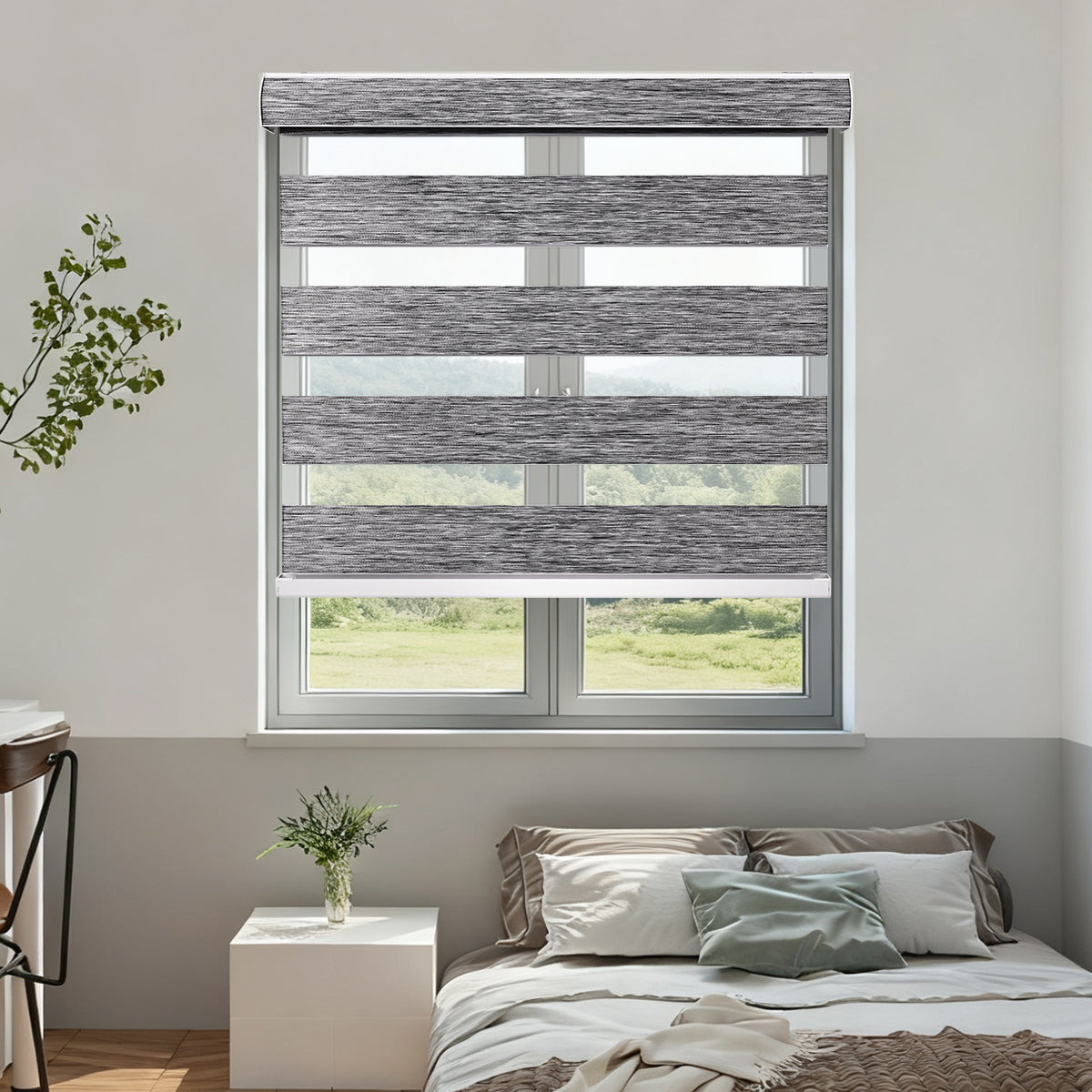 Custom Motorized Zebra Blinds for Windows – Remote Control or Smart Alexa Google Home Compatible, Room Darkening Dual Layer Shades